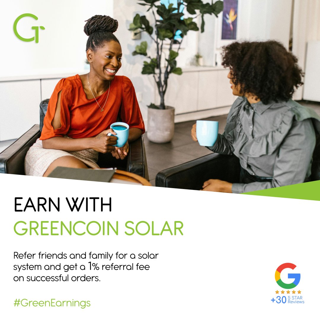 greencoinsolar's tweet image. Earn with Greencoin Solar! 🌞💰 Refer friends and family for a solar system and get a 1% referral fee on successful orders. 
Call/Whatsapp 087 164 7387 | Email: sales@greencointec.com | Website: greencointec.com

#GreencoinReferral #EarnWithSolar #SolarSystemReferral