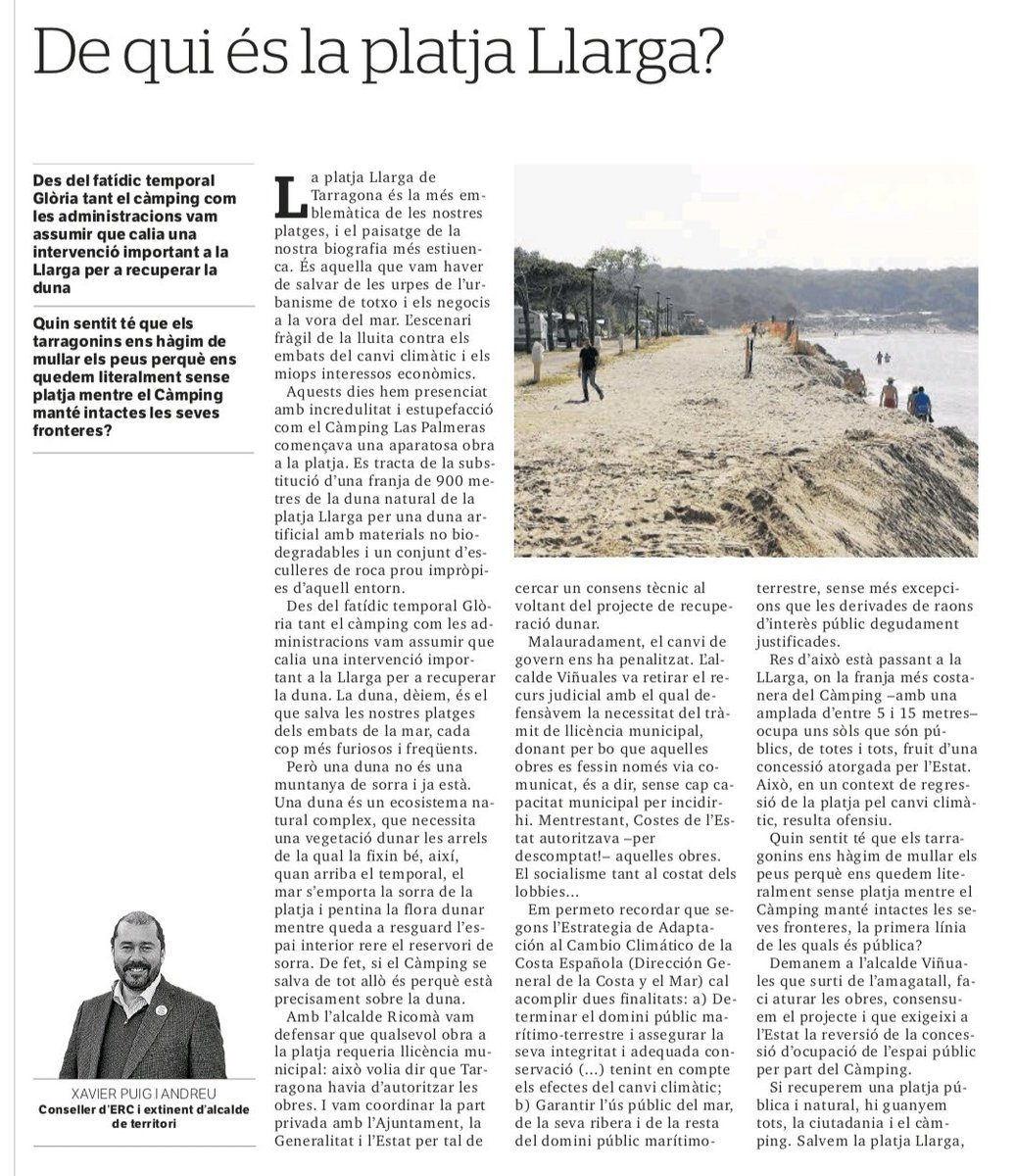📝[OPINIÓ] Llegeix l'article 'De qui és la platja Llarga?' del conseller <a href="/XaviPuigAndreu/">Xavi Puig i Andreu</a> al <a href="/diaridtarragona/">Diari de Tarragona</a> sobre les obres del Càmping Las Palmeras‼️

🔗tuit.cat/Rci4r

#SomTarragona #Tarragona