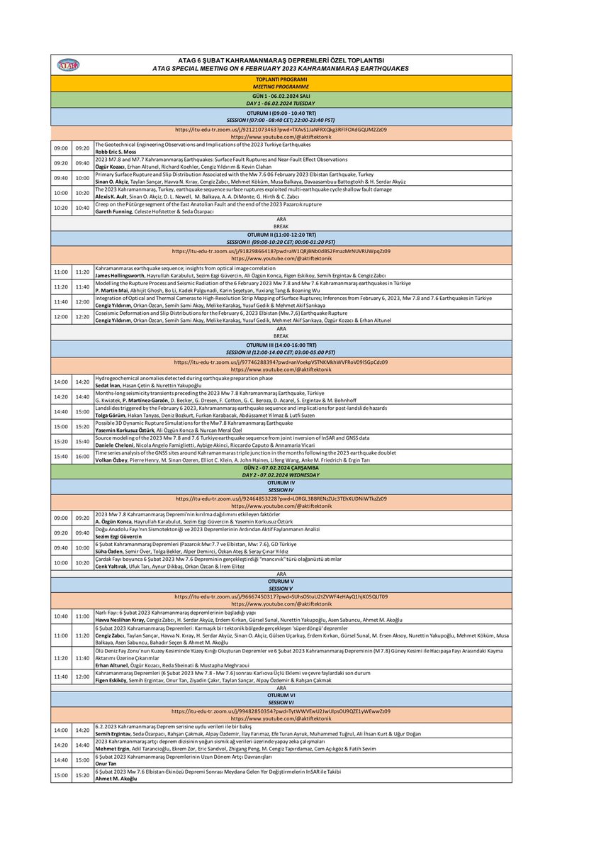 6 Şubat 2023 Kahramanmaraş Depremleri’nin birinci yılını <a href="/AktifTektonik/">ATAG</a> olarak özel bir toplantı ile anıyoruz. Jeoteknik Müh.’den yer bilimleri disiplinlerine, uluslararası katılımlı bu toplantı zoom ve YouTube üzerinden gerçekleşecektir.