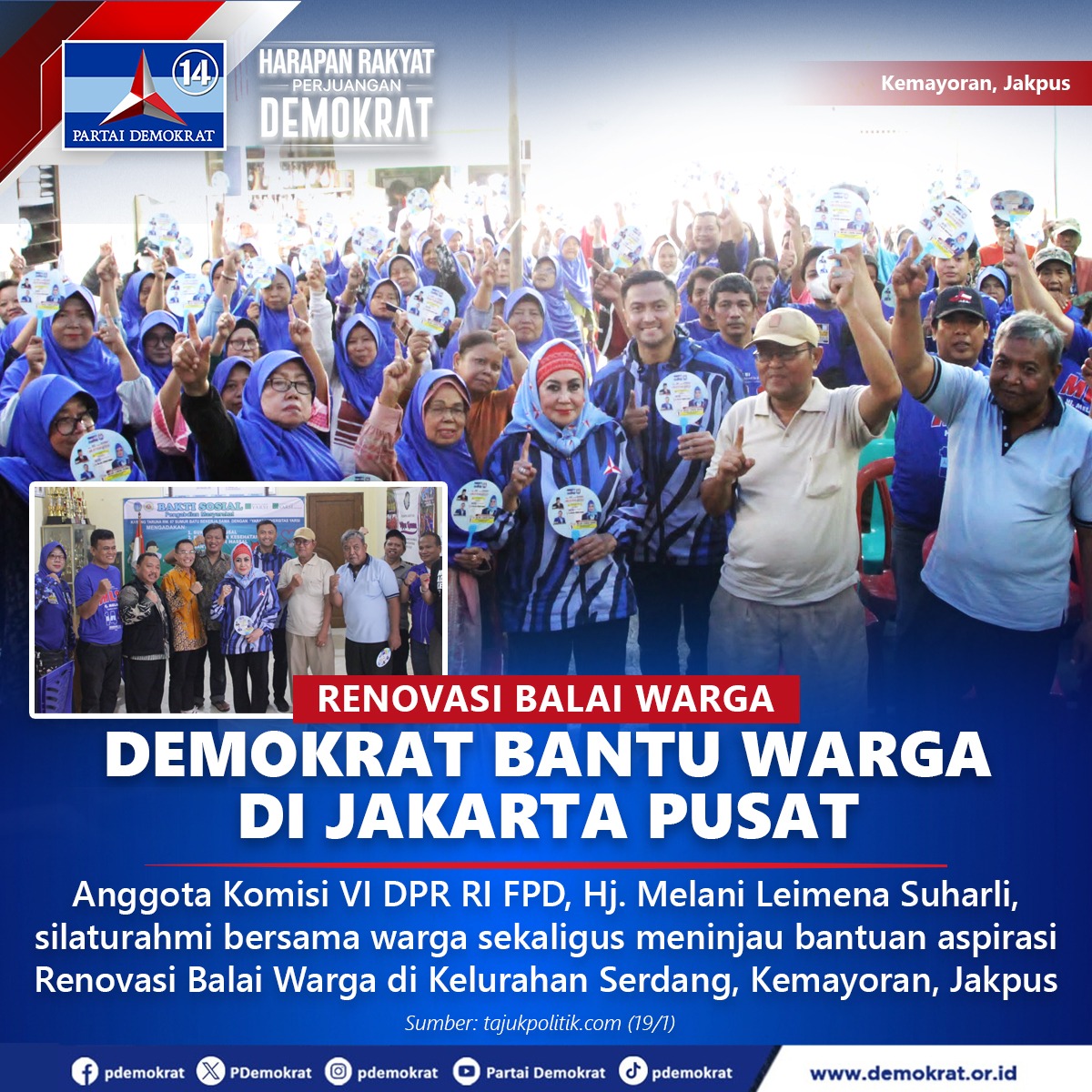 Anggota Komisi VI DPR RI FPD, Hj. Melani Leimena Suharli, silaturahmi bersama warga sekaligus meninjau bantuan aspirasi Renovasi Balai Warga di Kelurahan Serdang, Kemayoran, Jakpus.

#DemokratS14P
#HarapanRakyatPerjuanganDemokrat