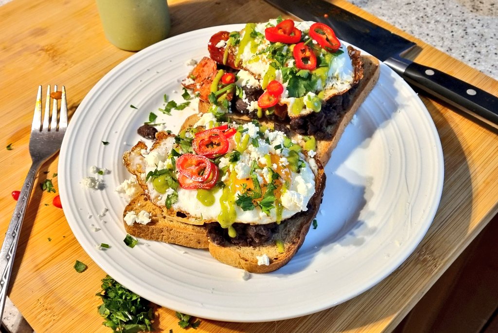 Black turtle beans, Chorizo, eggs, Feta, salsa verde