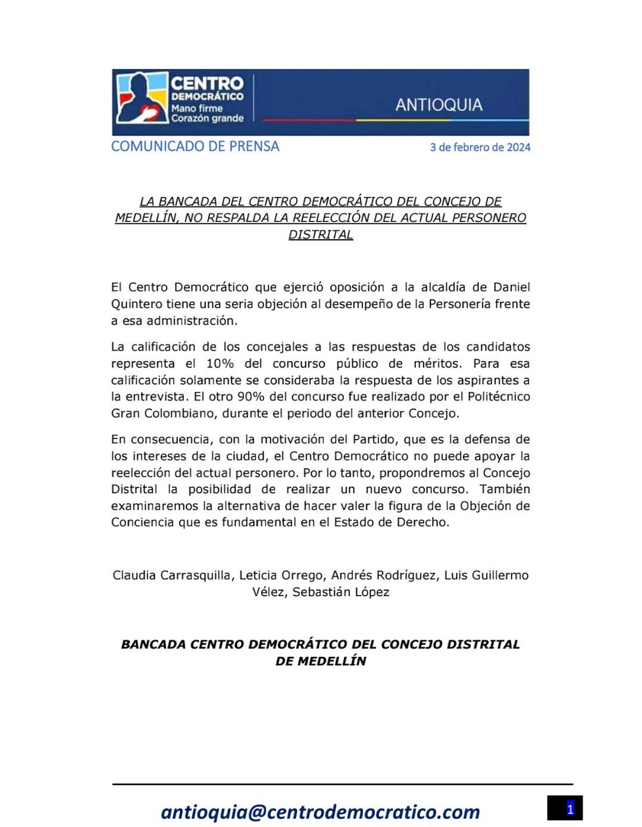 AlvaroUribeVel's tweet photo. Centro Democrático, Concejales de Medellín, sobre la elección de Personero. https://t.co/Y7EGI0t8DS