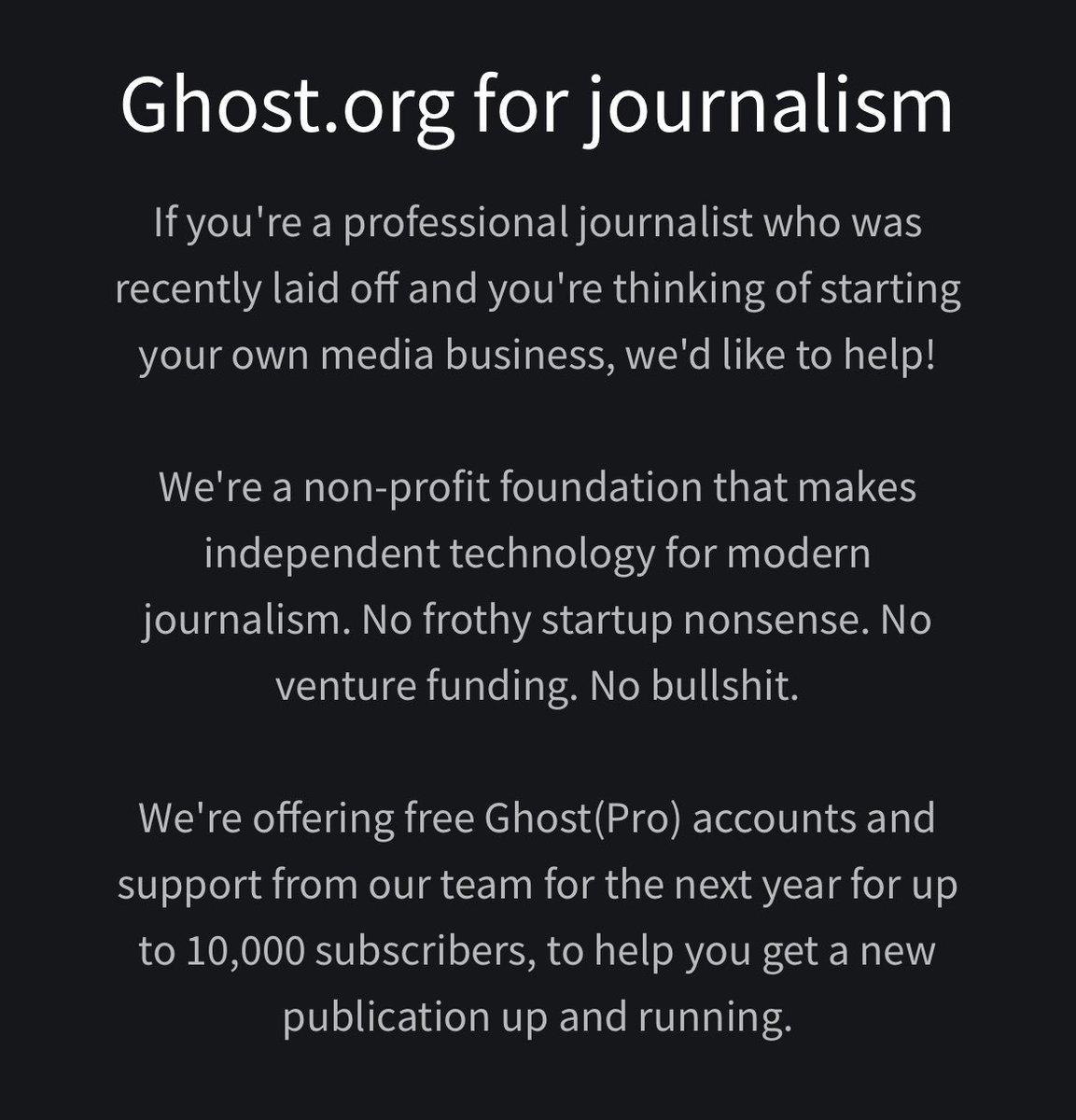 I’m really glad I chose @Ghost when Drowned in Sound left Substack and great to see this initiative to support journalists impacted by the recent layoffs Fill in this form teamghost.typeform.com/journalism RT to spread the word