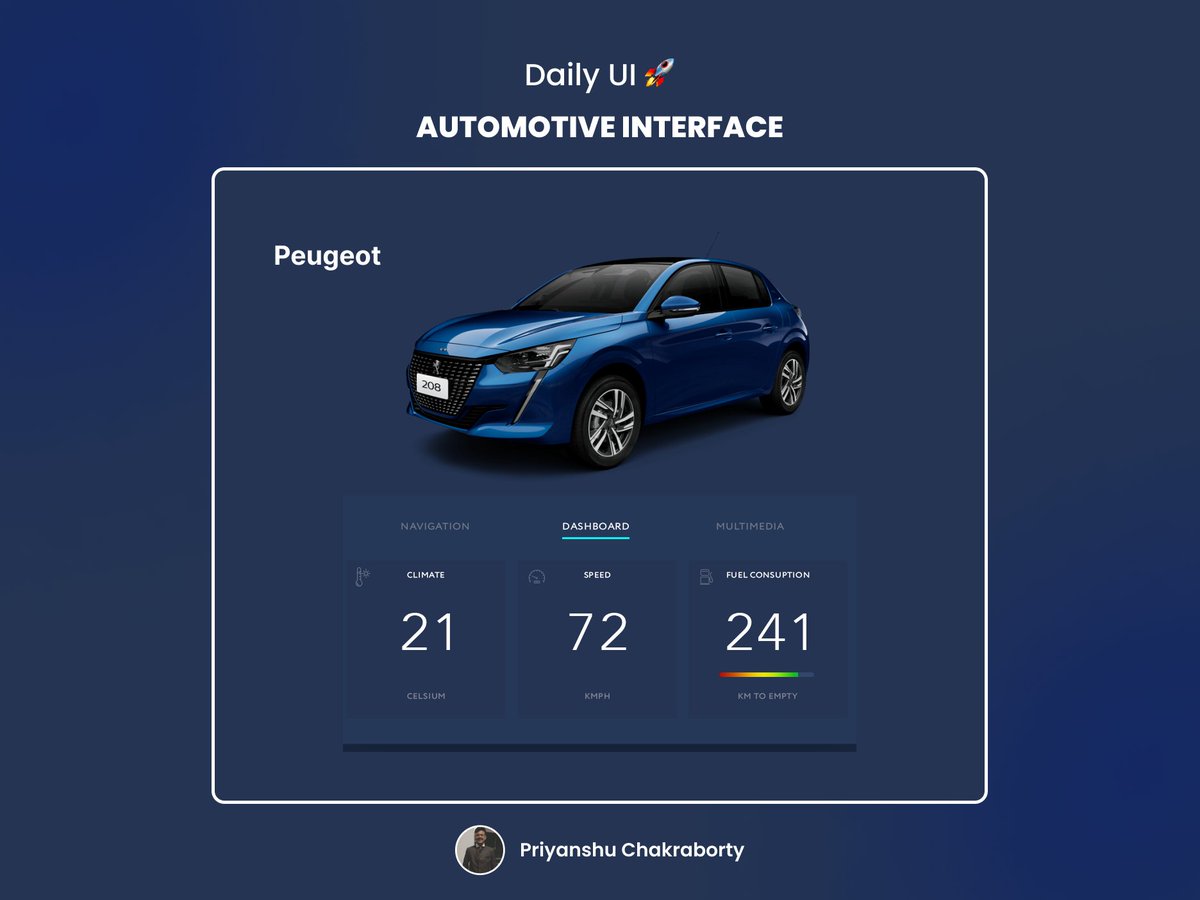 Priyans65657799's tweet photo. #DailyUi
Daily UI challenge ✨
Day 34 : Automotive Interface🚀
#designer #carui #uiux #Userinterface https://t.co/WC72YhTsCB