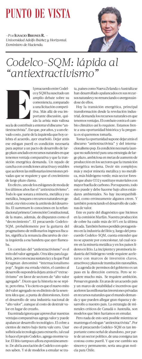 ignaciobriones_'s tweet photo. Un punto valioso del preacuerdo Codelco y SQM, es que contribuye a enterrar el pueril discurso “antiextractivista” que, por años, y a un elevado costo, un sector ayer enarboló. Dejar atrás ese discurso es condición necesaria para aprovechar oportunidad histórica. Comparto columna https://t.co/D4taDDwajM