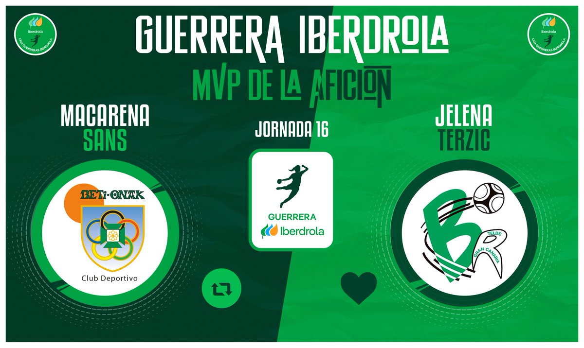 Liga Guerreras Iberdrola (@iberdroladhf) on Twitter photo ⭐ #GuerreraIberdrola - Jornada 16
🆚 <a href="/Beti_guerreras/">Replasa Beti-Onak</a> : <a href="/BMRemudas/">Rocasa Gran Canaria</a>
♻️ RT: <a href="/MacaSans/">Maca Sans</a>
❤️ Me gusta: Jelena Terzic
#SheLovesHandball #LigaGuerrerasIberdrola ⭐ #GuerreraIberdrola - Jornada 16
🆚 <a href="/Beti_guerreras/">Replasa Beti-Onak</a> : <a href="/BMRemudas/">Rocasa Gran Canaria</a>
♻️ RT: <a href="/MacaSans/">Maca Sans</a>
❤️ Me gusta: Jelena Terzic
#SheLovesHandball #LigaGuerrerasIberdrola