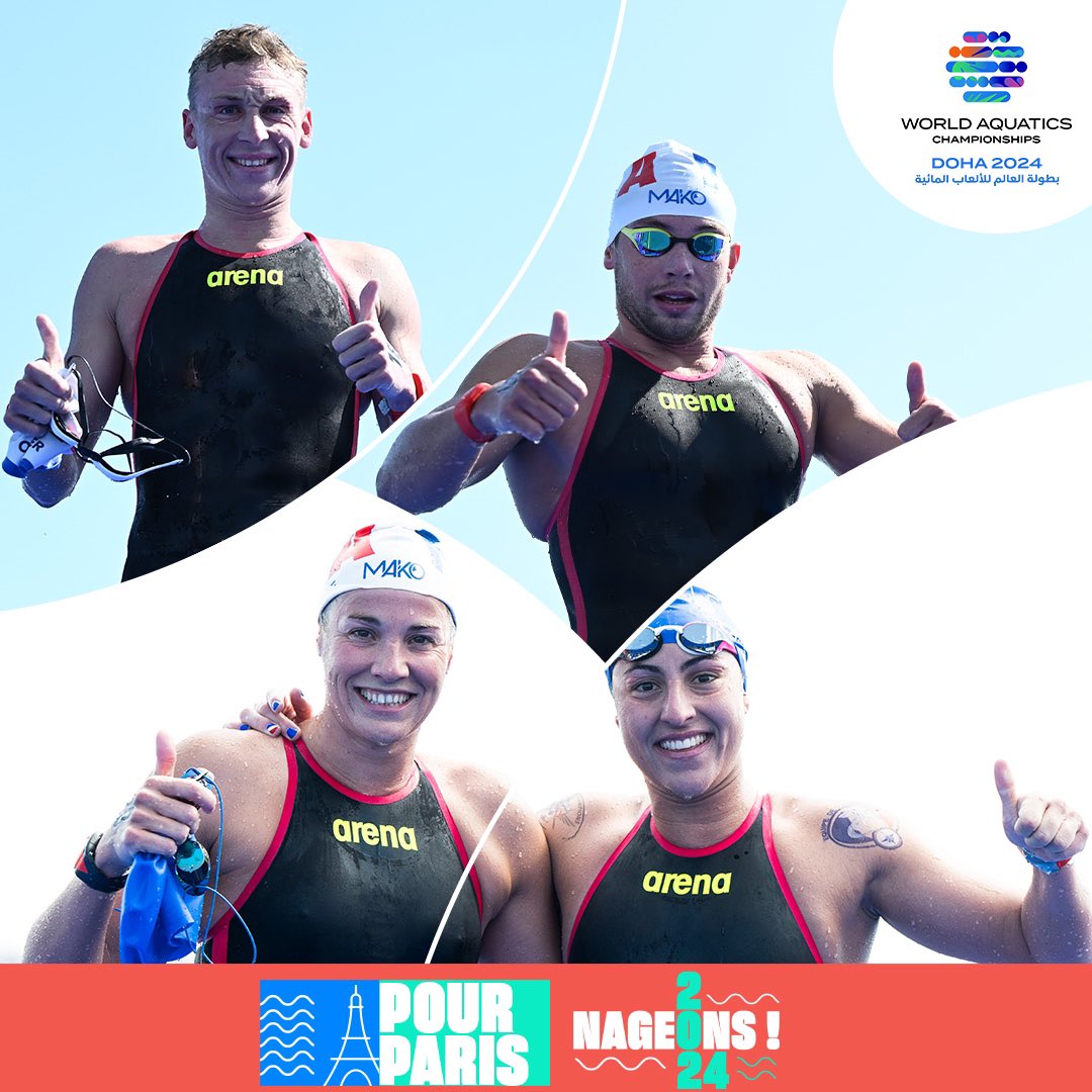 #EnDirect #Doha2024 #EauLibre 💥 HISTORIQUE 4 nageurs engagés, 4 nageurs qualifiés aux Jeux Olympiques, une 1ère dans l’Histoire de l’eau libre tricolore ! La France est la seule nation à être 4 fois dans le top 10 sur 10km filles et garçons. De quoi lever le pouce 👍🏼 BRAV🤩 !