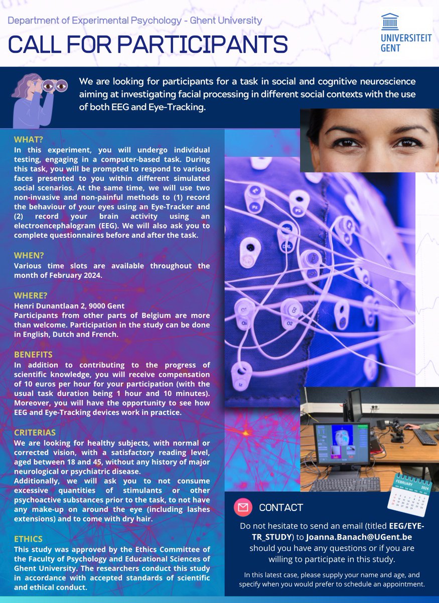 📢We are seeking participants for a new study in social and cognitive neuroscience aiming at exploring facial processing in various social contexts with the use of both EEG and Eye-Tracking! 🤩🧠 
Do not hesitate to RT ♻️
#neuroscience #research #eeg #eyetracking
<a href="/MoralSocialLab/">Moral & Social Brain Lab</a>