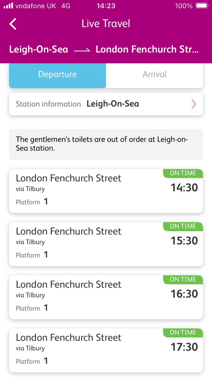 terra295's tweet photo. @c2c_Rail why is your live train details in the c2c app so wrong this weekend? App shows times from Leigh-on-Sea to Fenchurch Street only 1 an hour but there are trains 42 and 12 minutes past the hour as shown live from the station platform now. Same issue yesterday as well😡 https://t.co/XAqewPl1fF