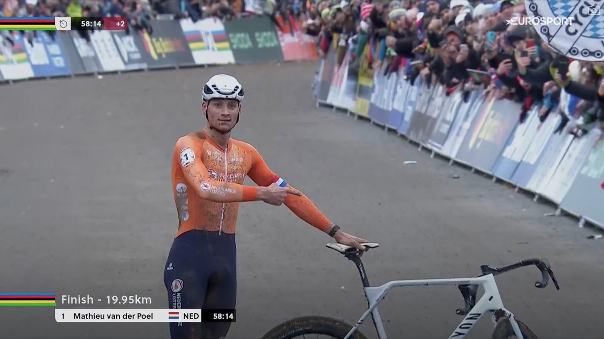 faustocoppi60's tweet photo. Mathieu van der Poel is Elite Men cyclocross WORLD CHAMPION for the 6th time! 🌈🇳🇱 This was boring as hell but the king is the king, no rivals this season. 👏#Tabor2024 https://t.co/5QGmcGX0Dd