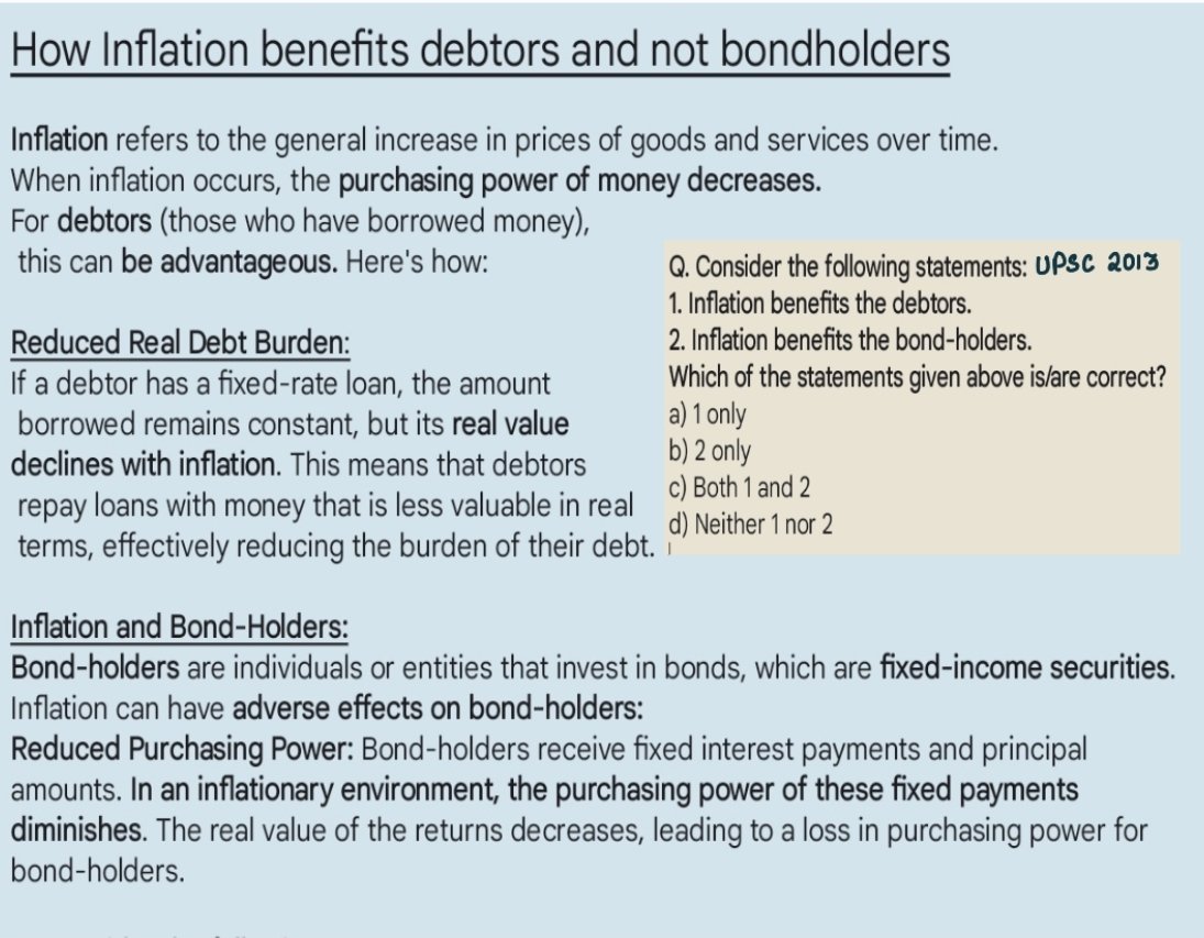 ExplorerMi86938's tweet photo. How Inflation benefits debtors and not bondholders
Do solve pyq #upsc 2013
#Economics #Concepts #Inflation
#UPSCPrelims2024 #upscpreparation
#uppcs #bpsc #upscaspirants
#upscmotivation #upscias
#IPS #upscnotes #upsclover #upsctopper #upscdream #upscstudymaterial https://t.co/6NIvPqT0ui