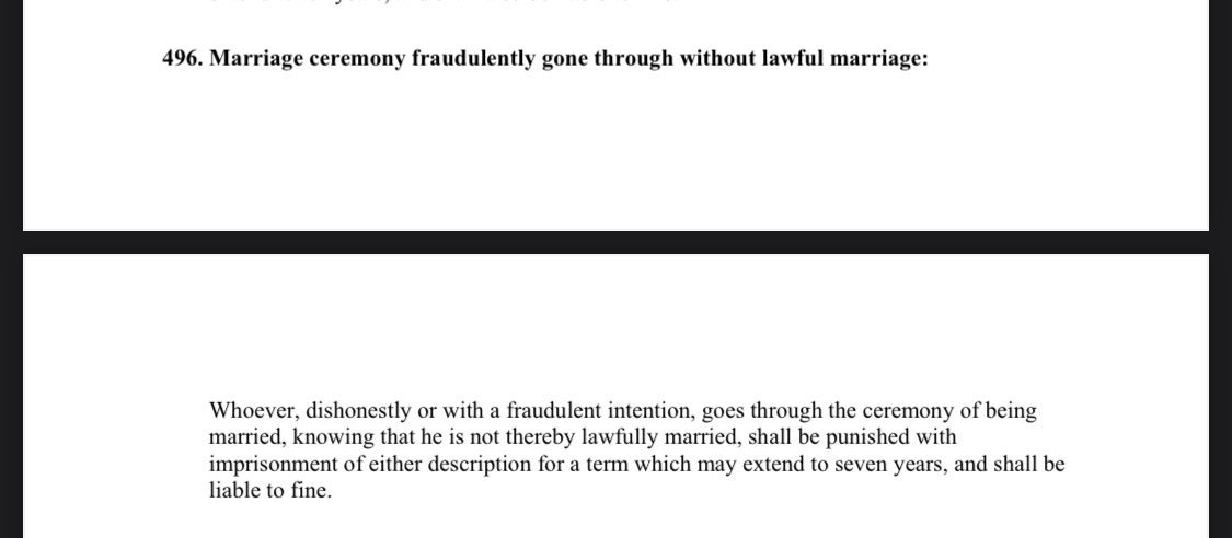 reema_omer's tweet photo. 4. S. 496 relates to fraudulently going through a “marriage ceremony”, knowing one isn’t actually married

This relates to deceiving the person you’re “marrying” (or deceiving people at large), and making them believe you are married when you know you are not https://t.co/iuvKmWdcfN