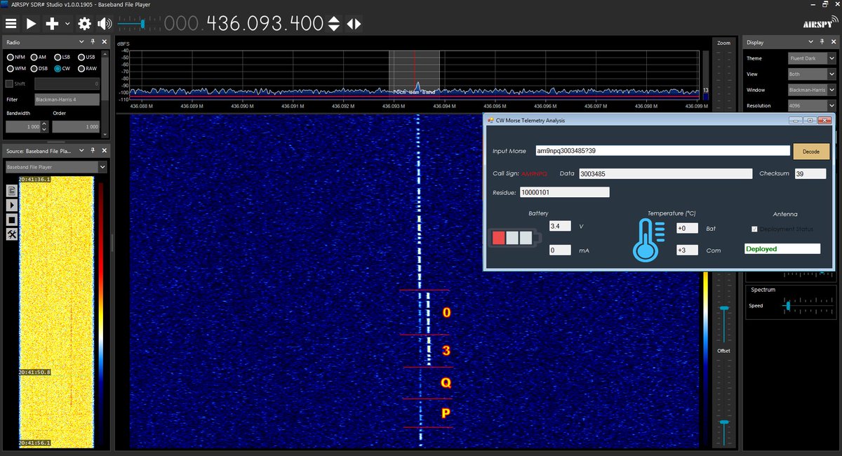 SV2HWM's tweet photo. 2023-02-03 20:41 UTC – Perhaps my last telemetry rx from 🇳🇵🛰️ SANOSAT-1. No GFSK, only CW. 
AM9NPQ3003485?39
The OBC temperature (3°) was calculated from the checksum. I may have another chance if it survives until tomorrow morning…
@orionspacenepal @AmsatNepal @paudelsaurav50 https://t.co/sKtu9m2ioA
