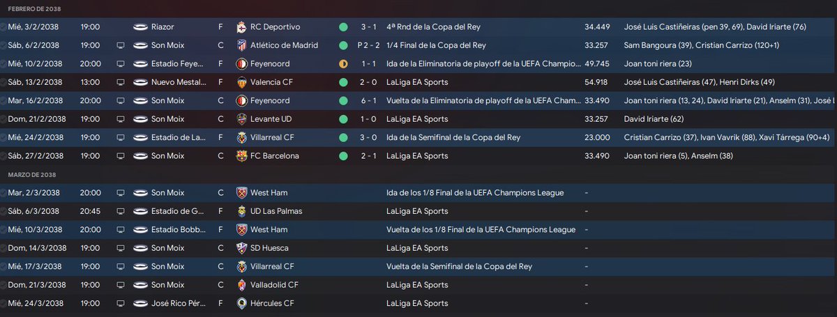 pedrojd99's tweet photo. Febrero 2038 🗓 | A pesar del buen rendimiento en liga el Madrid no falla y está a nueve puntos.

En copa avanzamos rondas con un intenso partido en cuartos ante el Atlético que acaba con cuatro expulsados.

En champions eliminamos al feyenord en playoff y estaremos en el bombo. https://t.co/NbeWkaGPW0