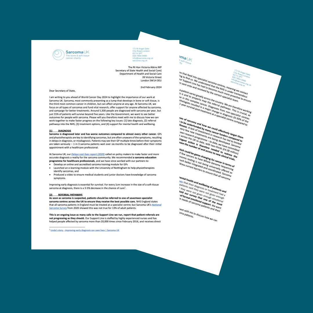 Sarcoma_UK's tweet photo. On #WorldCancerDay, we have written to Health Secretary @VictoriaAtkins, to ask how we can work together to make faster progress on late diagnosis, NHS referral pathways, treatment options and support for mental health and wellbeing.

#CloseTheCareGap

https://t.co/d552vAVUrV https://t.co/aLfQzMDsLo