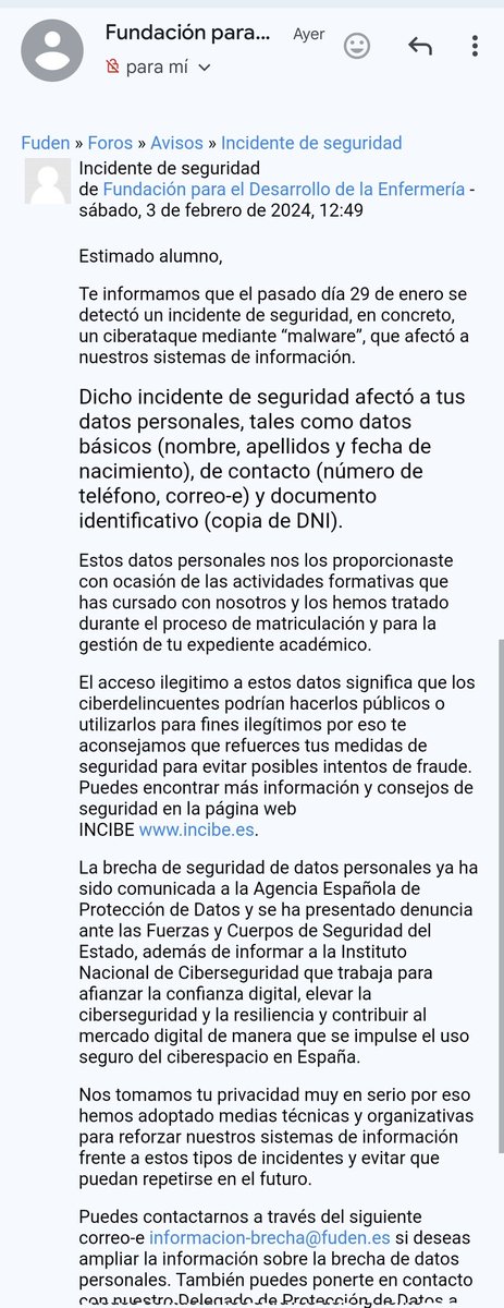 A los medios de comunicación que les pueda interesar:
Ayer sábado, a las 12:49, miles de enfermeras fueron avisadas mediante un mensaje en un foro que sus datos personales habían sido robados.
La empresa responsable <a href="/fuden_es/">Fundación FUDEN</a> no ha lanzado ni un comunicado ni ha hecho difusión.