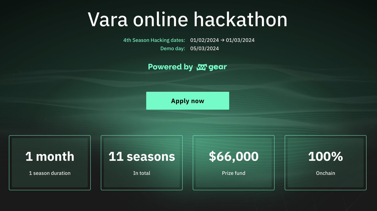 VaraNetwork's tweet photo. Varathon's new season on @VaraNetwork is on!

💰Total Prize Fund: 66000$
📅 Ends March 1st
⚙️ Powered by @Gear_Foundation

Create your dApps with guidance from mentors or join existing teams, enjoy the community of the developers, win prizes.

Apply here:
https://t.co/1CupM7iP9g https://t.co/6HaLQT1HVd