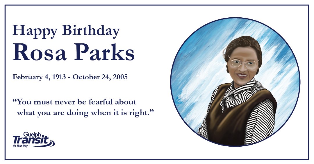 guelphtransit's tweet photo. February 4 is Transit Equity Day, a celebration of Rosa Parks' standing up for equality for all who use public transit. You may come across our tribute while getting #OnYourWay today. 

📸#TakeAPhoto #RideForRosa #TransitEquityDay #BlackHistory https://t.co/VCWoF5Vfq3