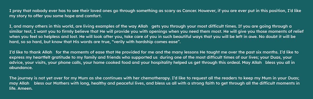Enduring Hardship, Embracing Ease: A Journey Through Cancer and Hope 🌟💔 In the face of adversity, find solace in the miraculous moments that Allah provides. An intimate account of resilience, faith, and the power of prayer. 🤲💕 #CancerJourney #MiraclesOfFaith