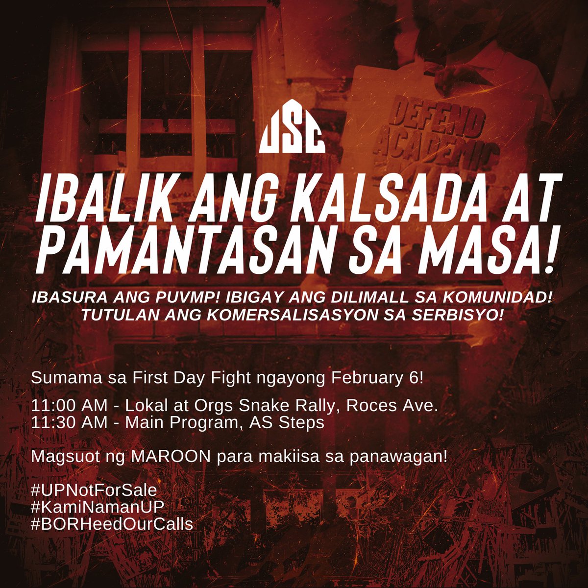 USCUPDiliman's tweet photo. 𝐈𝐛𝐚𝐥𝐢𝐤 𝐚𝐧𝐠 𝐤𝐚𝐥𝐬𝐚𝐝𝐚 𝐚𝐭 𝐩𝐚𝐦𝐚𝐧𝐭𝐚𝐬𝐚𝐧 𝐬𝐚 𝐦𝐚𝐬𝐚!
𝐈𝐛𝐚𝐬𝐮𝐫𝐚 𝐚𝐧𝐠 𝐏𝐔𝐕𝐌𝐏! 𝐈𝐛𝐢𝐠𝐚𝐲 𝐚𝐧𝐠 𝐃𝐢𝐥𝐢𝐌𝐚𝐥𝐥 𝐬𝐚 𝐤𝐨𝐦𝐮𝐧𝐢𝐝𝐚𝐝!

Manifesto of Unity to stand in solidarity against campus commercialization https://t.co/d0ssGcHUsq