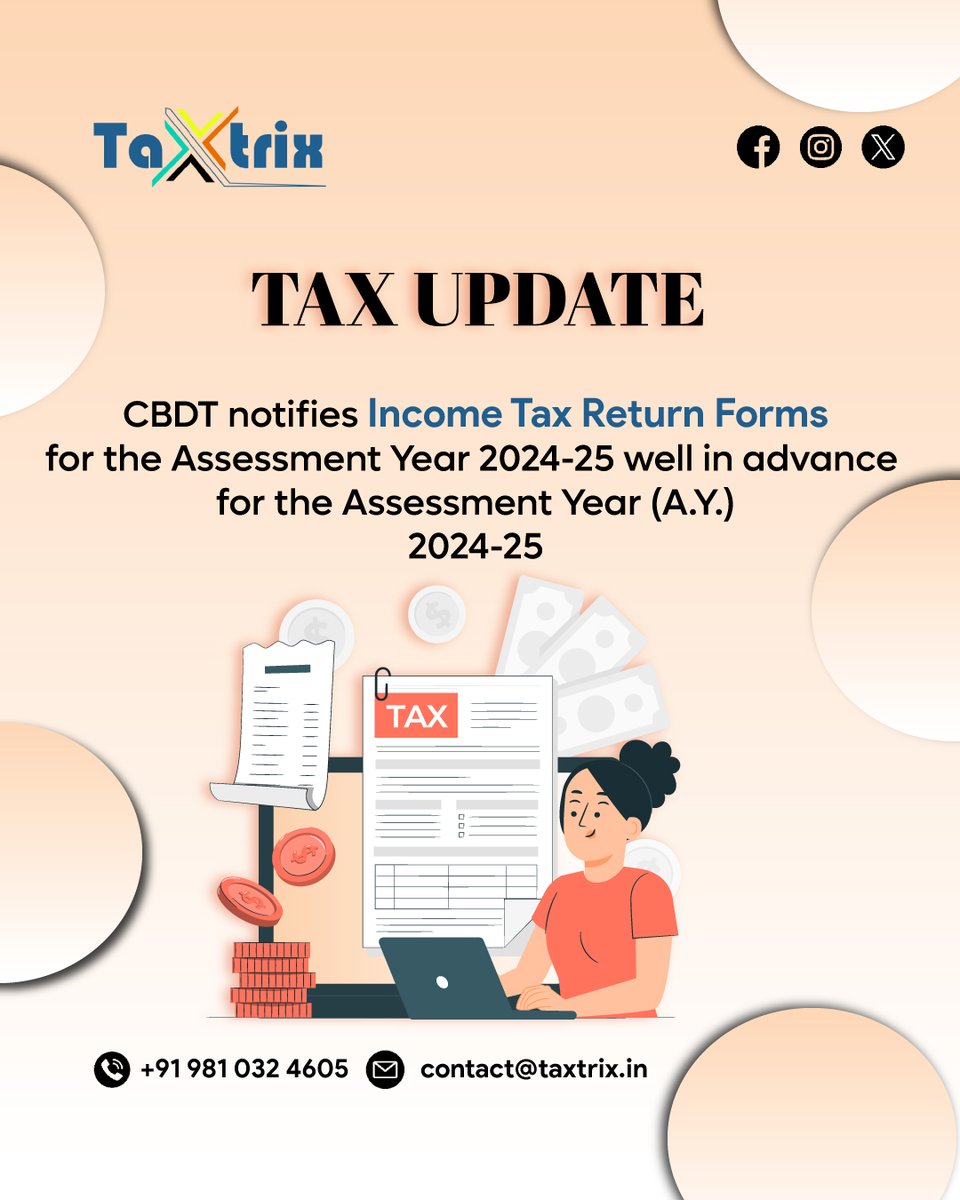 TaxtrixAdvisory's tweet photo. "Stay ahead of the tax game! 📊 CBDT's latest move: New tax return forms for 2024-25 are out early, while processing time for non-salary returns extended up to April 2024.

Time to plan and file smartly! 💼💰 

#Taxtrix #TaxUpdate #CBDT #FinancialPlanning  #TaxUpdate #CBDT https://t.co/oHIFgoFYV8