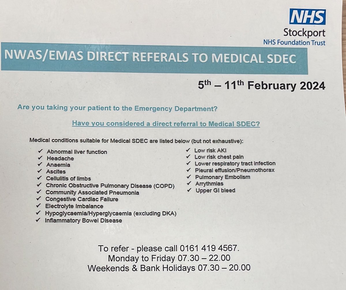 Next week MSDEC @StockportNHS are running an engagement event with @NWAmbulance service We want to showcase our direct referral pathways, helping our patients access the right care, at the right time, in the right place. Please share far and wide!