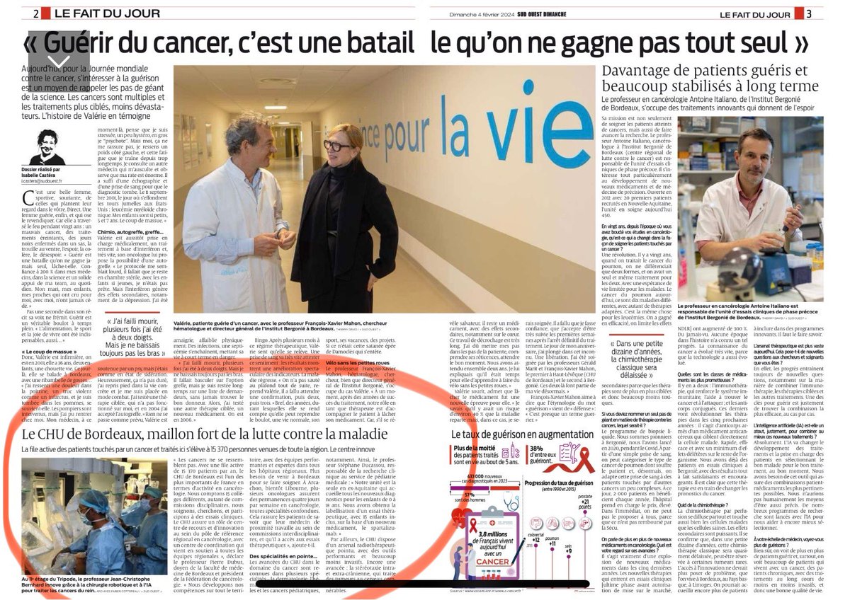 Ce n’est pas flagrant dans cette double page de @SO_Bordeaux mais le @CHUBordeaux est leader dans la prise en charge des cancers en @NvelleAquitaine 33% des séjours, 30000 séances de radiothérapie, 685 essais cliniques…Le @CHUBordeaux au cœur de l’excellence #ServicePublic #Fier