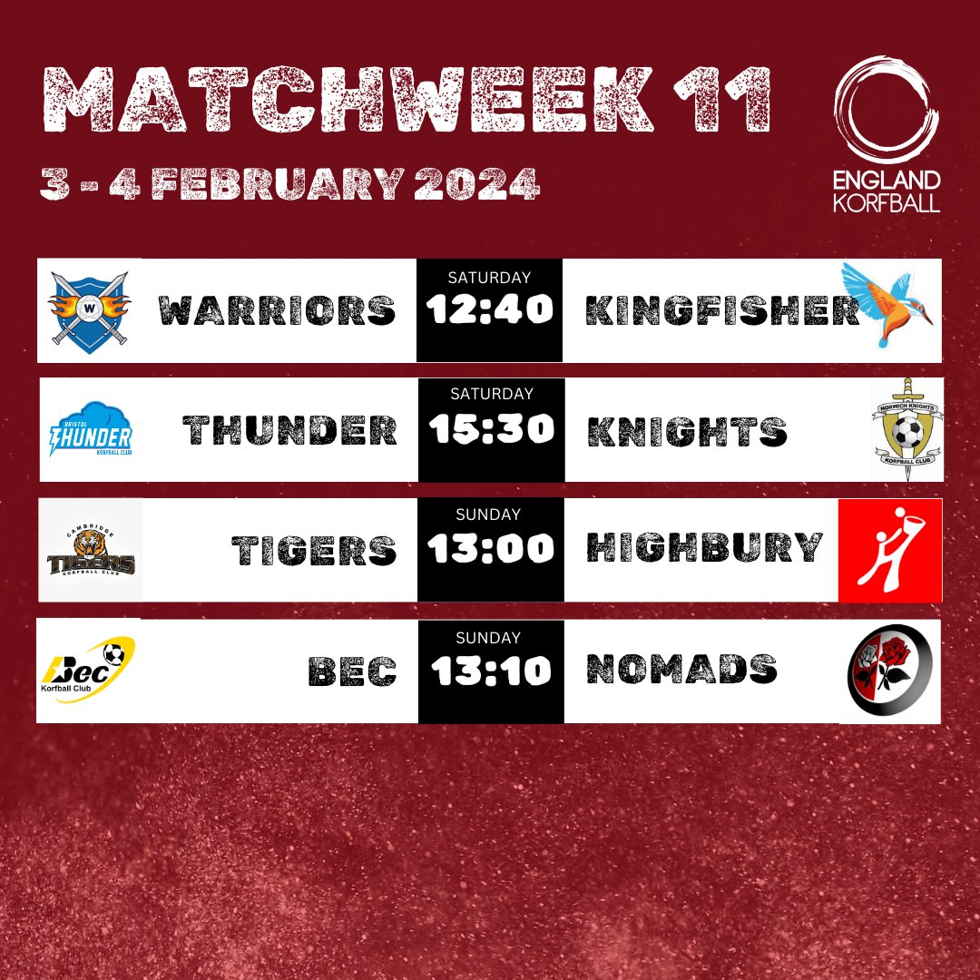 deanwoods's tweet photo. Just playing with some designs... Matchweek 11 for the England Korfball #KorfballLeague

Manchester Warriors 🆚 Kingfisher
Bristol Thunder 🆚 Norwich Knights
Cambridge Tigers 🆚 Highbury
Bec 🆚 Nomads https://t.co/kXPstr8u7P