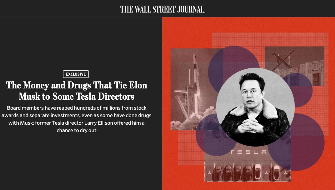 🇺🇸 В WSJ снова большой материал об Илоне Маске, его отношения с членами совета директоров Tesla, о внутренней кухне компании. Например, пишут, что "в культуре, которую Маск создал вокруг себя, некоторые друзья, в том числе члены совета директоров, употребляют наркотики вместе с