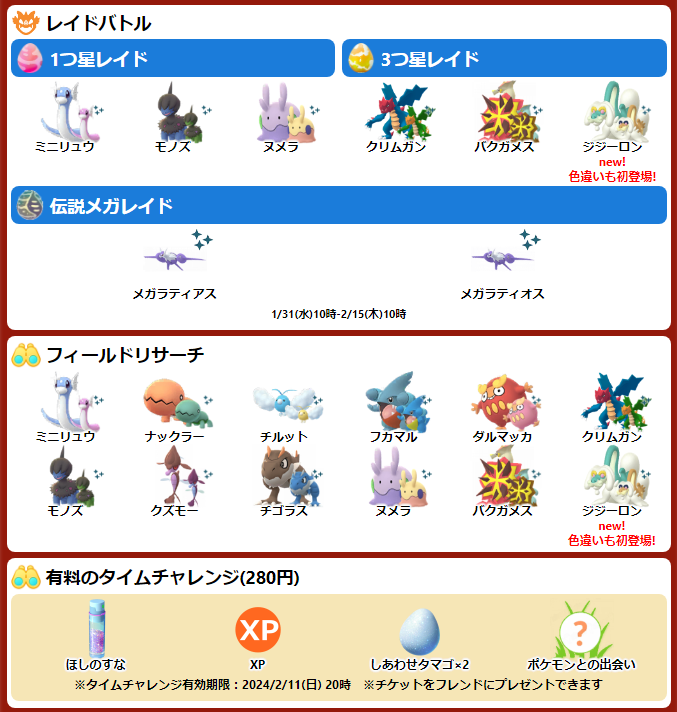 pokemapi's tweet photo. 旧正月イベント2024

期間：2024/2/5(月)10時～2/11(日)20時まで

・ジジーロンが初登場(色違いも初登場)
・キラポケモン、キラフレンドになりやすくなる
・スローボーナスで捕獲時に追加のアメ獲得、アメXL確率増加
・グローバルチャレンジ開催

▼https://t.co/5h0wn0ztG0

#ポケモンGO https://t.co/ZsbuMrkbpE
