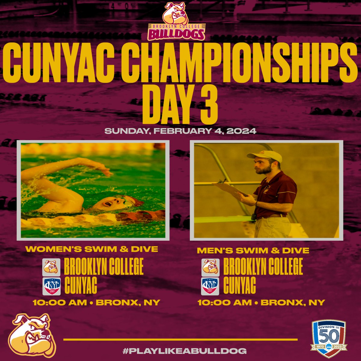bklyn_bulldogs's tweet image. @bcbulldogswimdive heads to @lehmanathletics for the final day of  @cunyac Championships this morning! 🐶🌊🏆

📍Bronx, NY
🕜10 am
📺📊🎟️brooklyncollegeathletics.com/coverage

#PlayLikeaBulldog #cunyswim #cunychamps