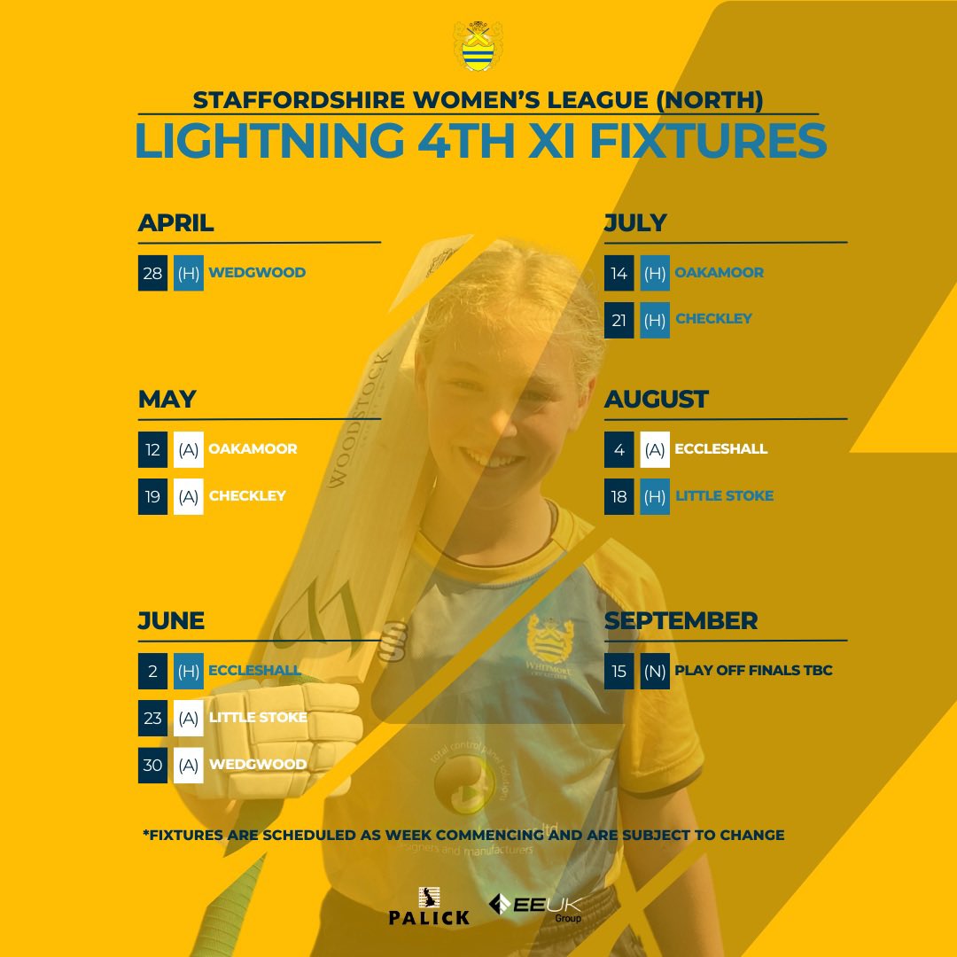 🏏 Fixture Alert! 📆 We can now announce the schedule for our Women’s 1st, 2nd, 3rd, and 4th XIs. Save the dates and join us for an exciting season ahead! ⚡ #WhitmoreLightning #FixtureRelease #WomensCricket #CricketSeason 🗓️