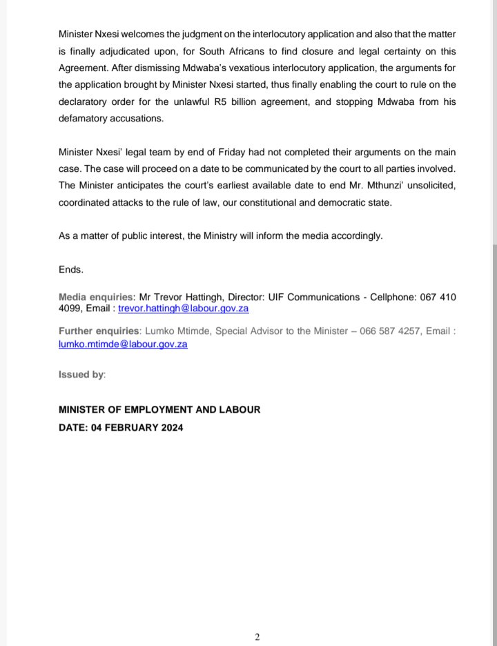 [MEDIA STATEMENT] MINISTRY OF EMPLOYMENT AND LABOUR UPDATE ON CASE AGAINST MTHUNZI MDWABA, THUJA HOLDINGS AND OTHERS.

#MinisterThulasNxesi
#ThulasNxesi
#DEL
#LAP
#LabourActivationProgramme 
#Thuja