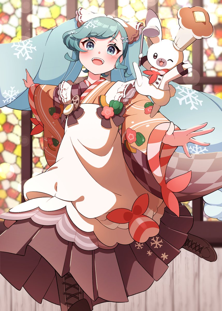 hatsune miku ,rabbit yukine ,yuki miku 1girl japanese clothes kimono stained glass boots open mouth twintails  illustration images