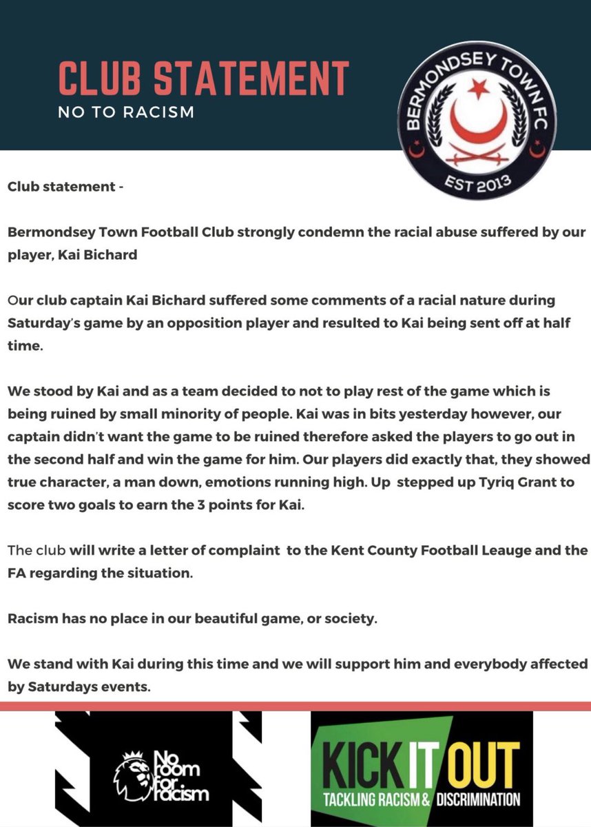 CLUB STATEMENT - NO TO RACISM Please find below a club statement regarding yesterdays incident. @kickitout #protectkai