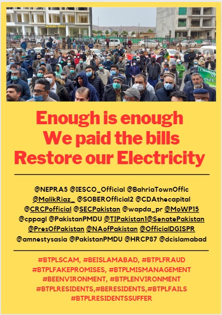 ShahidA75975753's tweet photo. Residents Digital Protest - Rs. 1 Billion Bahria Town SCAM, We paid the bills, give us Electricity⚡️!
@NEPRA5 @IESCO_Official @BahriaTownOffic @MalikRiaz_ @SOBEROfficial2 @CDAthecapital @CRCPofficial @wapda_pr @MoWP15 @PakistanPMDU
 @OfficialDGISPR @HRCP87 #BTPLSCAM #BTPLFRAUD https://t.co/TcSlHvY3Fn