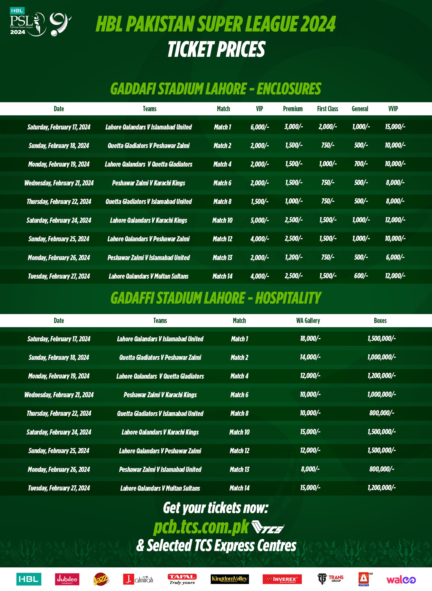 Lahore Stadium PSL Tickets Prices