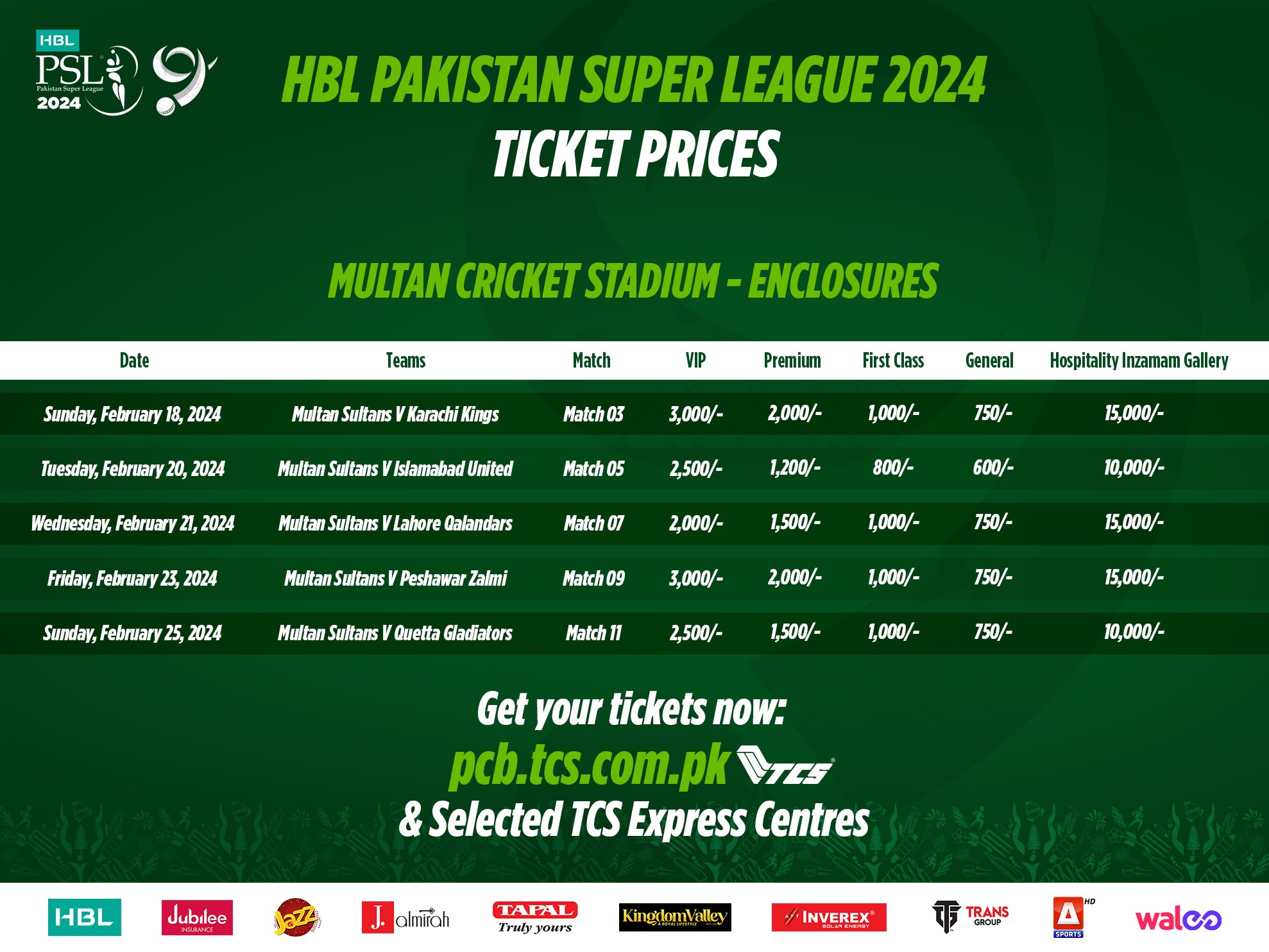 Multan Stadium PSL Tickets Prices 