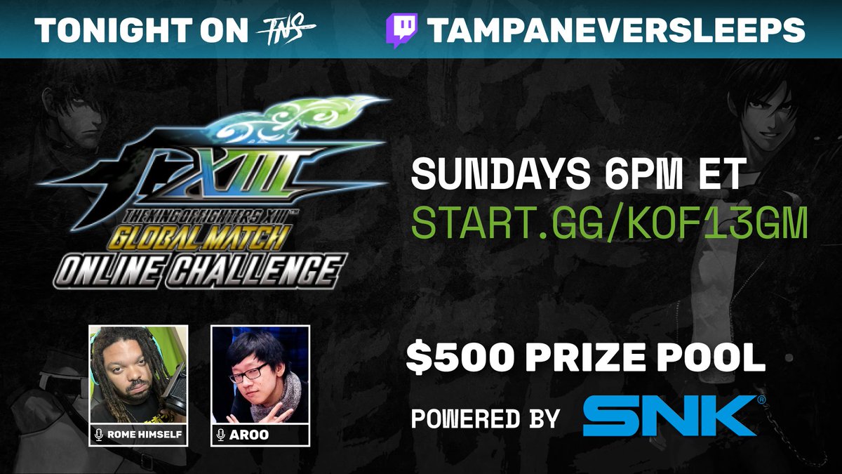 We have a bracket for every day that ends in Y.

Thank you to <a href="/SNKPofficial/">SNK GLOBAL</a> for partnering up with us to bring you KOF XIII GM Online Challenge with a $500 prize pool, there's still time to sign up!

Joining us on the mic tonight are <a href="/Romulus_Himself/">TNS | Rome_Himself</a> and <a href="/aroolee/">Aroo</a> 🎙️