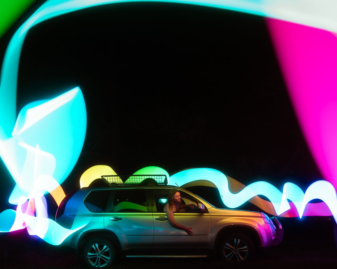 Mimbie232's tweet photo. Real life Mario Kart 🐢🌈

Got some real life rainbow road shit going on!

I should really pace out when I post on X I reckon, but I get excited and want to get things out as soon as it's done...oh well another midnight post won't hurt right 😂
#MarioKart #Lightpainting #Sony https://t.co/aadnCOmUL6