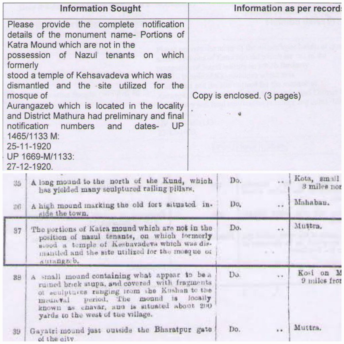 AskAnshul's tweet photo. RTI response by Archeological Survey of India (ASI) on Krishna Janmabhoomi in Mathura:

Temple of Keshavadeva in Mathura was dismantled &amp; the site was used by Aurangzeb to build a Mosque.
(Records from 1920). https://t.co/470USZe7lD
