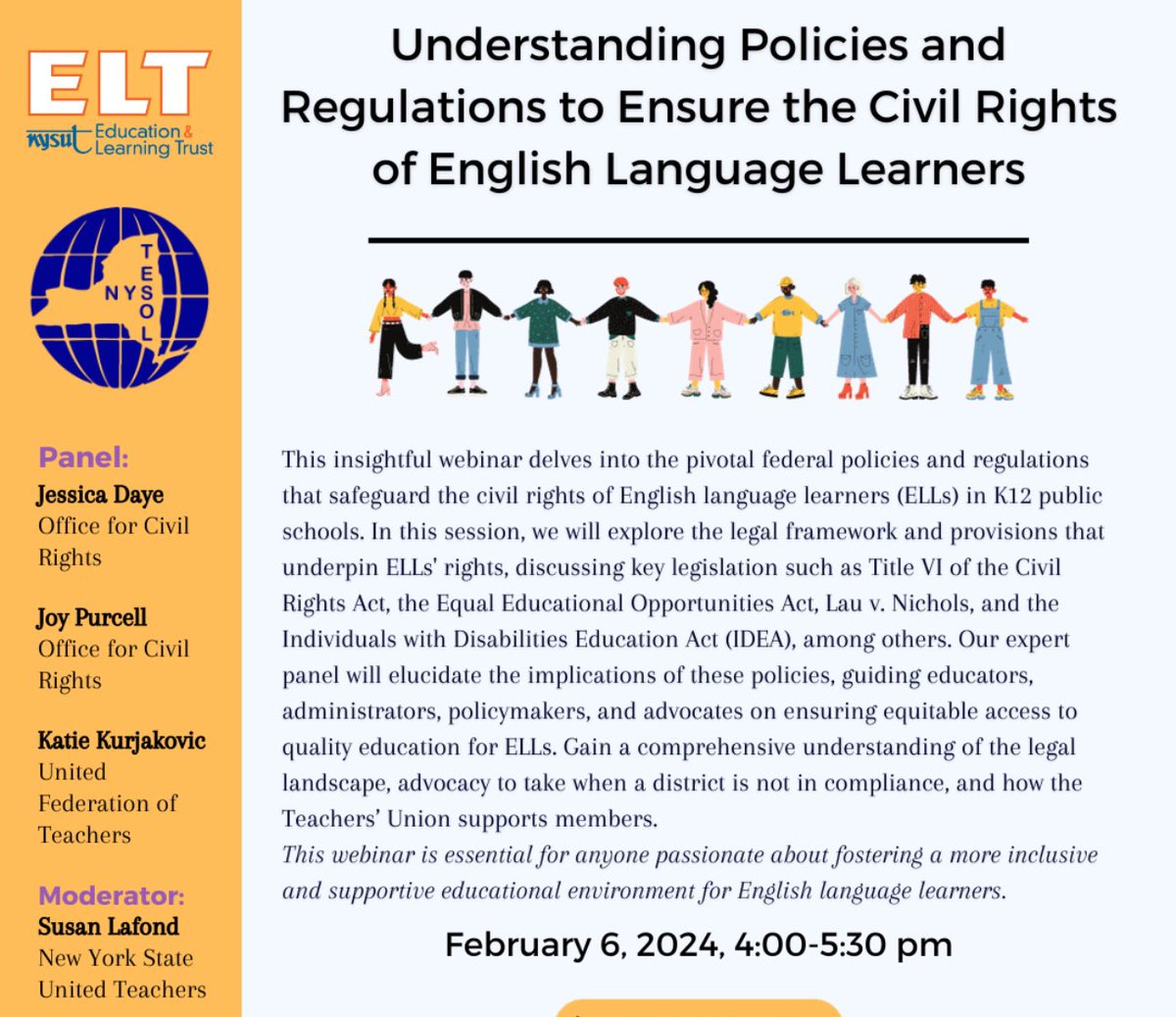 2 Days Away! 
Did you register yet? 📣

Understanding Policies and Regulations to Ensure the Civil Rights of English Language Learners

Feb 6, 2024 04:00 PM Eastern Time

 Registration 
zoom.us/webinar/regist…