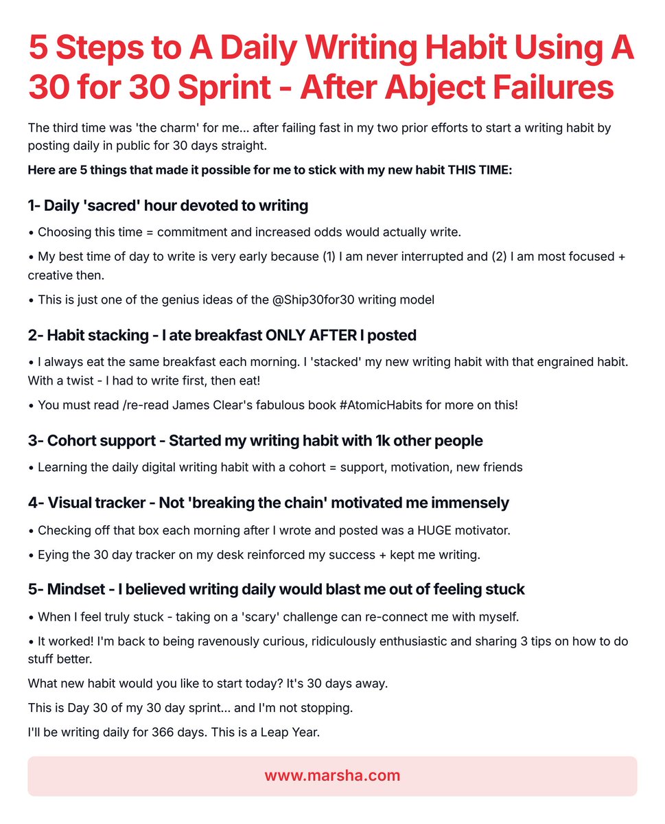 5 Steps to A Daily Writing Habit Using A 30 for 30 Sprint - After Abject Failures

Failure = another iteration. Not a prediction of your future success.

#law #lawyers #professionalwomen #legallyspeaking #personaldevelopment #habits #AtomicHabits #jamesclear #ship30for30 #writing