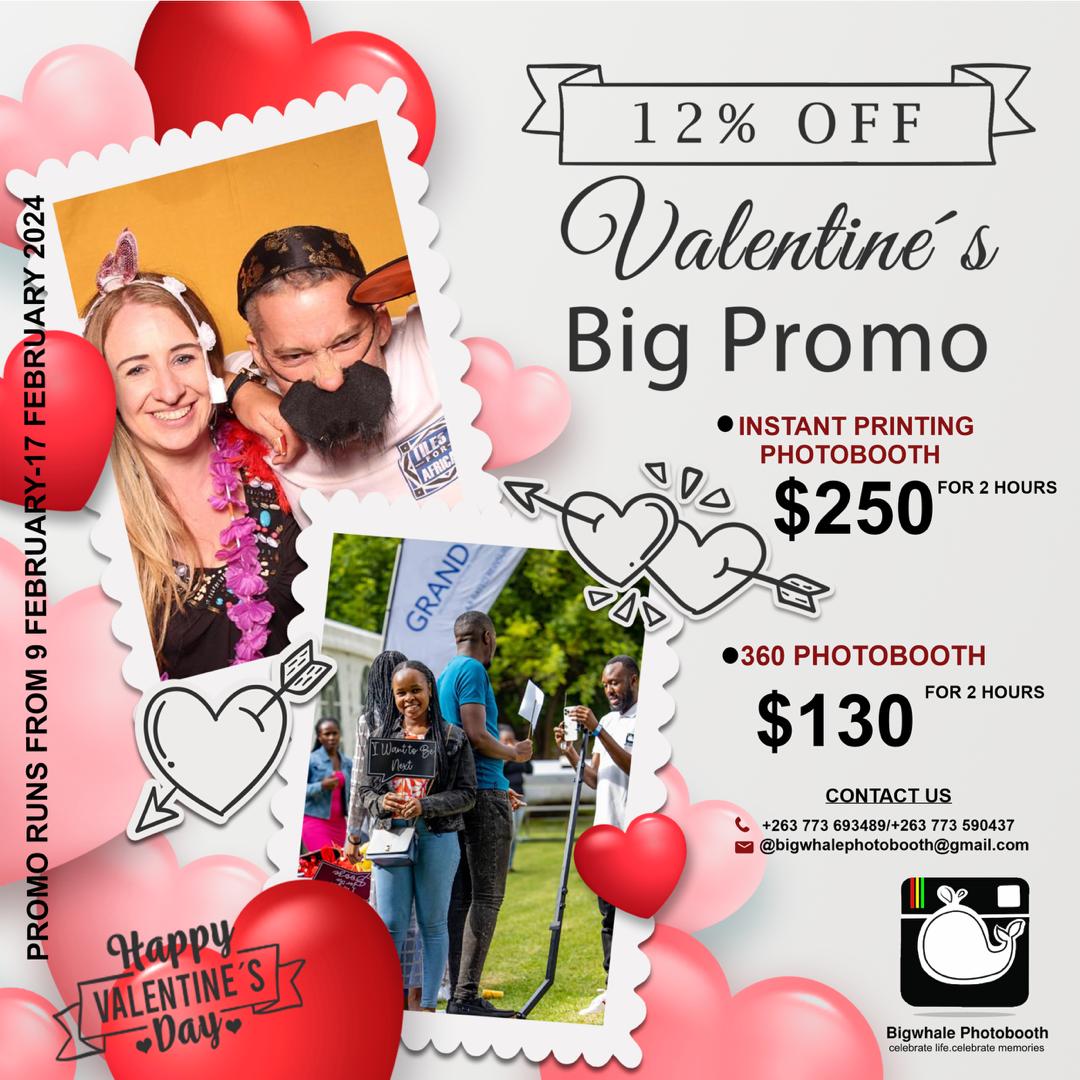 BigWhaleMedia's tweet image. Promo Alert ⚠️ 
Don&apos;t  hesitate to Spice up your event this month of love with this massive promo discount #PhotoboothFun 
#Bigwhalephotobooth #BigWhale360 
#zimweddings #february #valentines