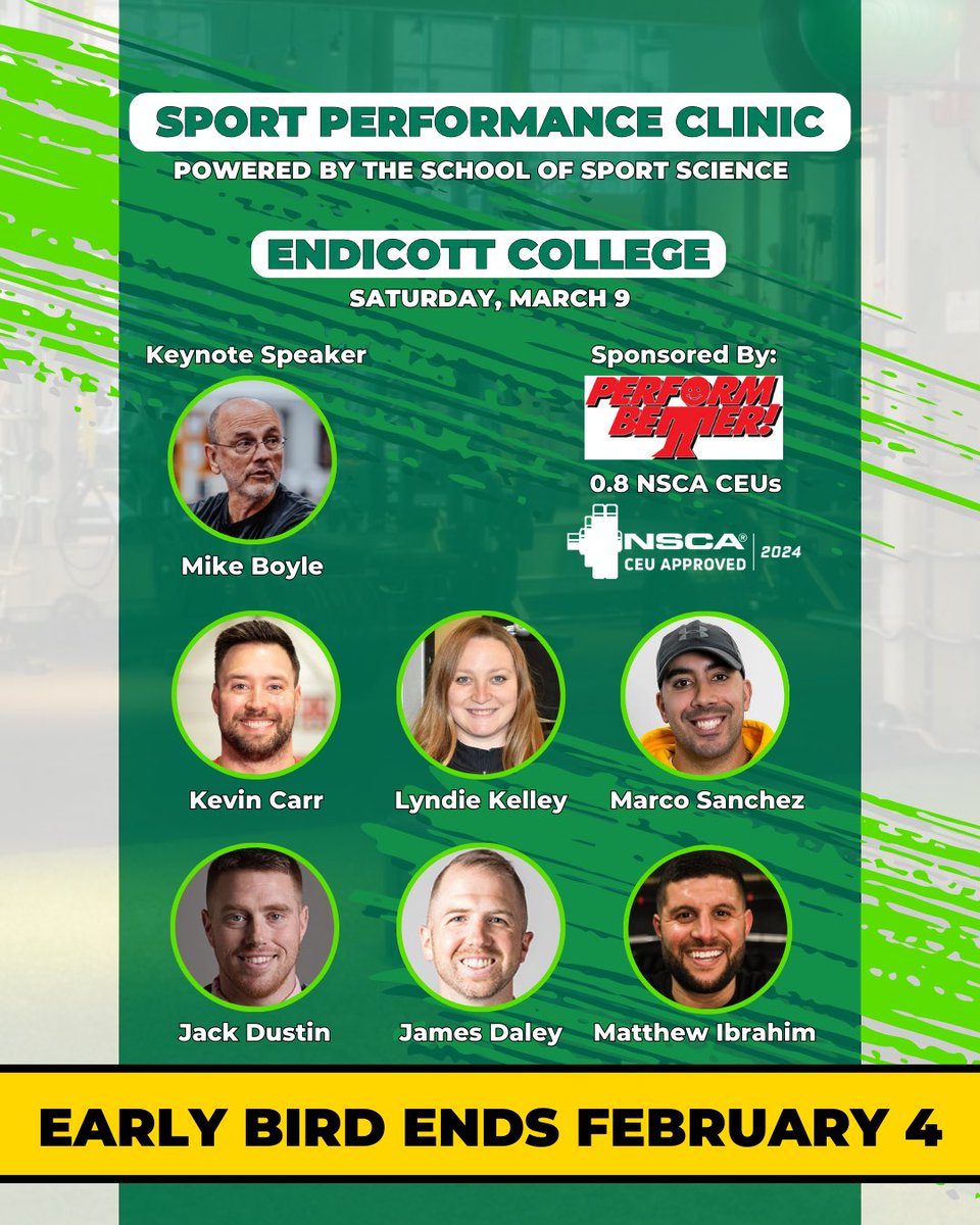EARLY BIRD ENDS TONIGHT!

Registration link: eventbrite.com/e/sport-perfor…

<a href="/mboyle1959/">Michael Boyle</a> <a href="/CoachKevinCarr/">Kevin Carr</a> <a href="/Coach_JDustin/">Jack Dustin</a> <a href="/notMarkSanchez9/">Marco Sanchez</a> <a href="/JTD_ATC/">Dr. James T. Daley</a> <a href="/Perform_Better/">Perform Better</a> <a href="/ECSportScience/">School of Sport Science at Endicott College</a>