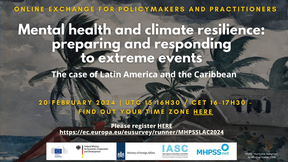 WEBINAR 📣 Mental Health & #ClimateResilience: the case of Latin America & the Caribbean 📅 20 Feb, 15:00 UTC (London time) 🔗 Register: bit.ly/3w0r8rw 🌎 English, Spanish, French, Portuguese 👉 More Info: bit.ly/3SKWZVR