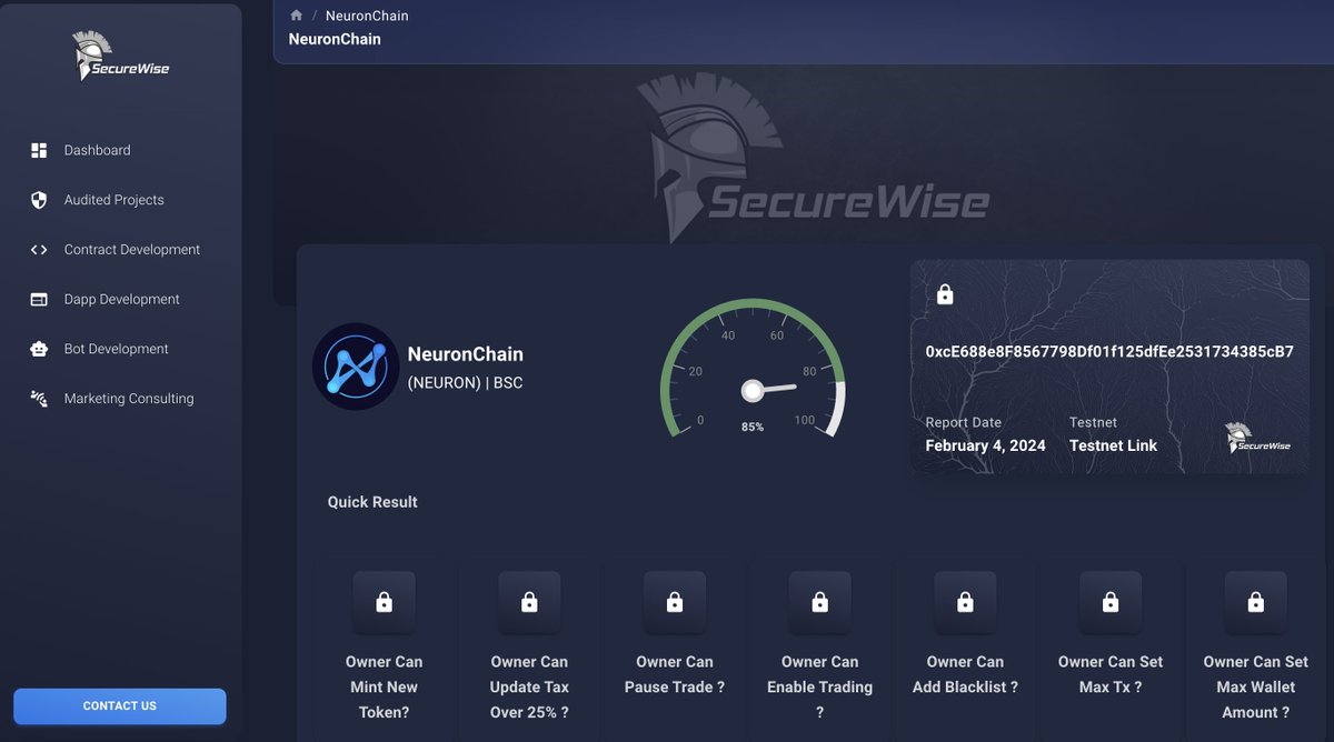 SecureWise (@securewiseaudit) on Twitter photo We are happy to announce that <a href="/Neuron_Chain/">Neuro Chain</a> has completed Smart Contract AUDIT with SecureWise
Check out the report:
audits.securewise.org/NeuronChain
NeuronChain(NEURON)
t.me/NeuronChainDeFi
#BSC #BSCNews #BSCGEMS #Audit We are happy to announce that <a href="/Neuron_Chain/">Neuro Chain</a> has completed Smart Contract AUDIT with SecureWise
Check out the report:
audits.securewise.org/NeuronChain
NeuronChain(NEURON)
t.me/NeuronChainDeFi
#BSC #BSCNews #BSCGEMS #Audit