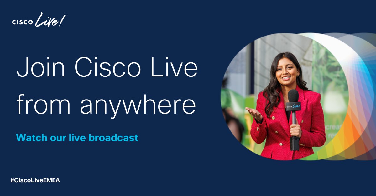 CiscoIIoT's tweet image. Can&apos;t make it to #CiscoLiveEMEA? We&apos;ll bring Cisco Live to you! Tune in to our broadcast to watch Keynotes, Innovation Talks, studio interviews, the excitement from the show floor, and more!

💻 Stream wherever you are starting February 6th: cs.co/6016pol98

#CiscoIoT