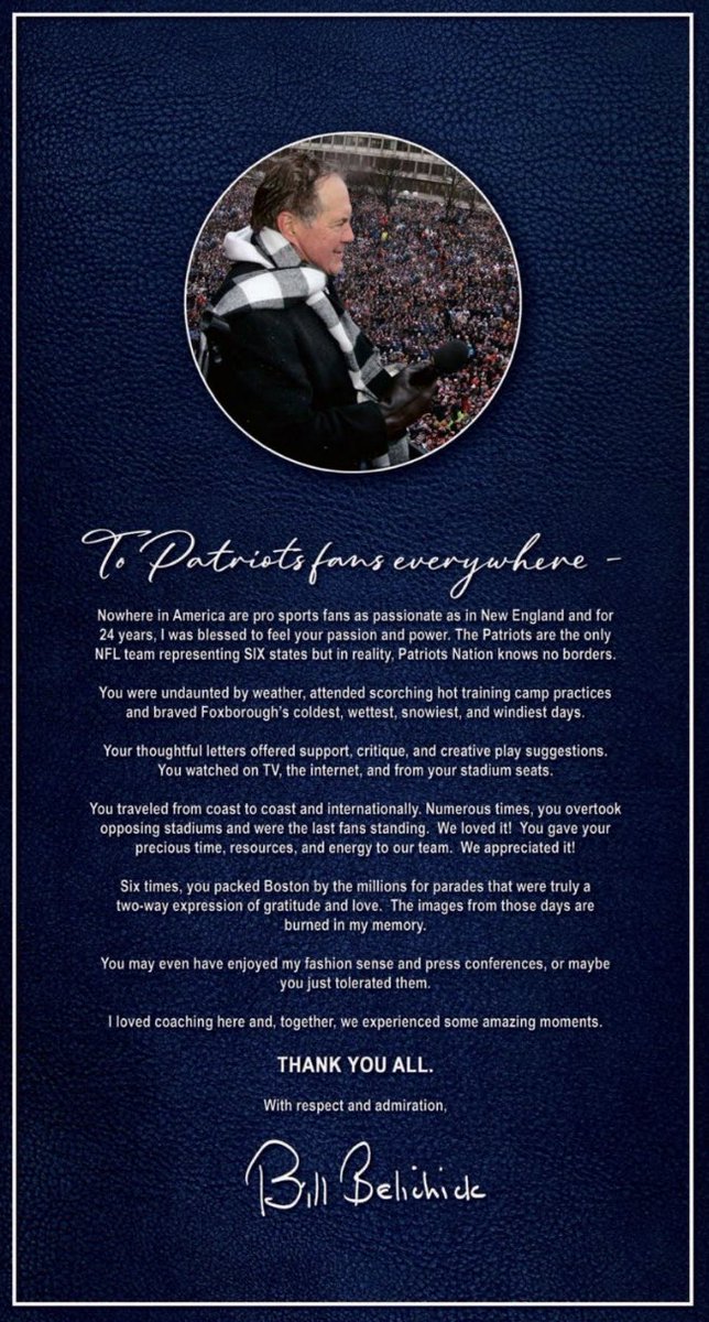 PhilAPerry's tweet image. Bill Belichick’s full-page thank you to Patriots fans in today’s Boston Globe.

“Six times, you packed Boston by the millions for parades that were truly a two-way expression of gratitude and love. The images from those days are burned in my memory.”