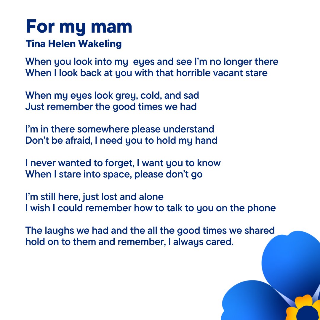 alzheimerssoc's tweet photo. Tina’s mam has been living with dementia for four years. She wrote this poem to explain how her mam might be thinking.

Thank you for sharing this poem with us Tina. https://t.co/J3cQFfexao